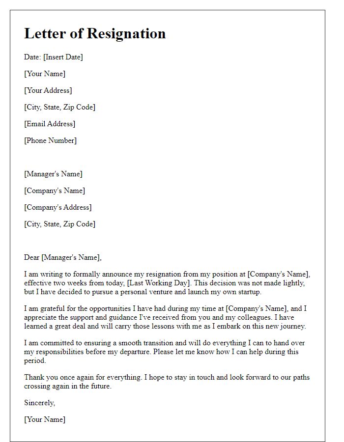 Letter template of resignation for launching a startup