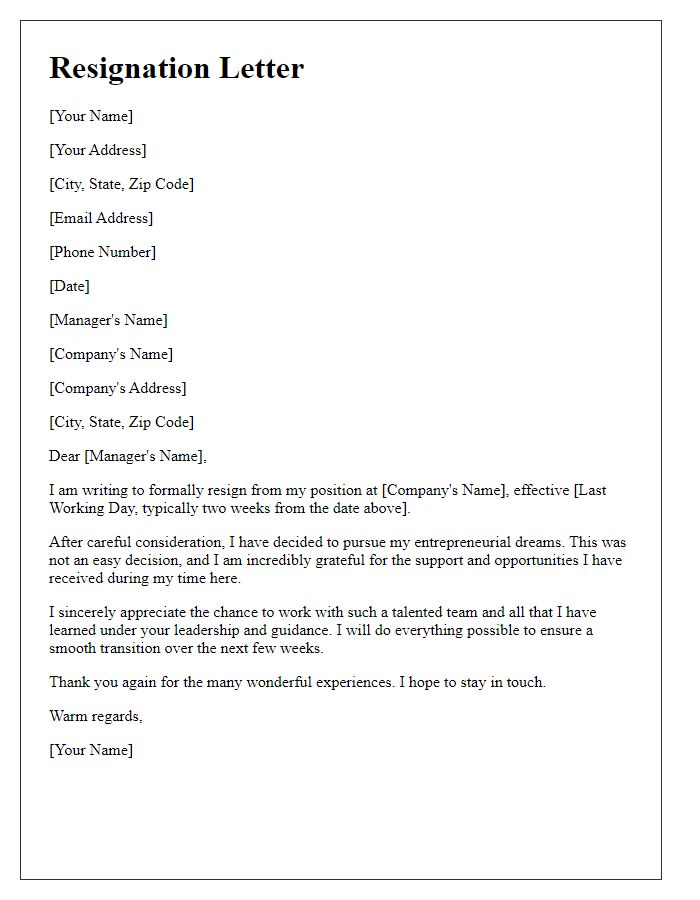 Letter template of resignation to pursue entrepreneurial dreams