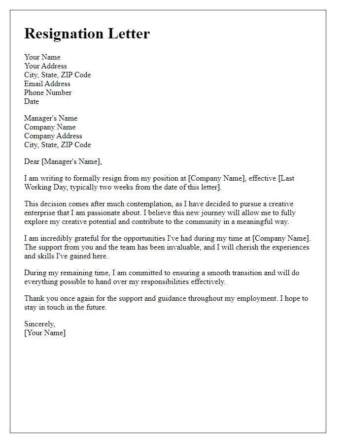 Letter template of resignation for starting a creative enterprise