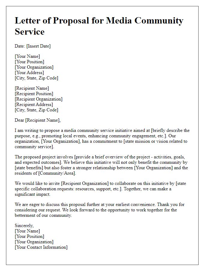 Letter template of a media community service proposal.