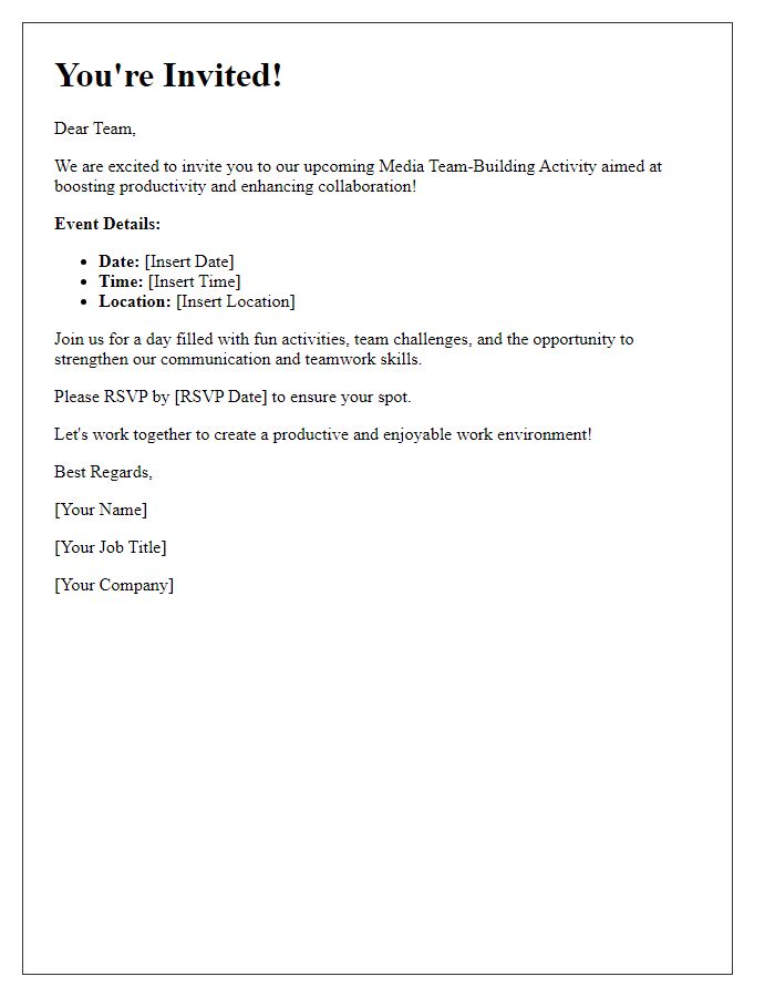 Letter template of media team-building activity invitation for boosting productivity