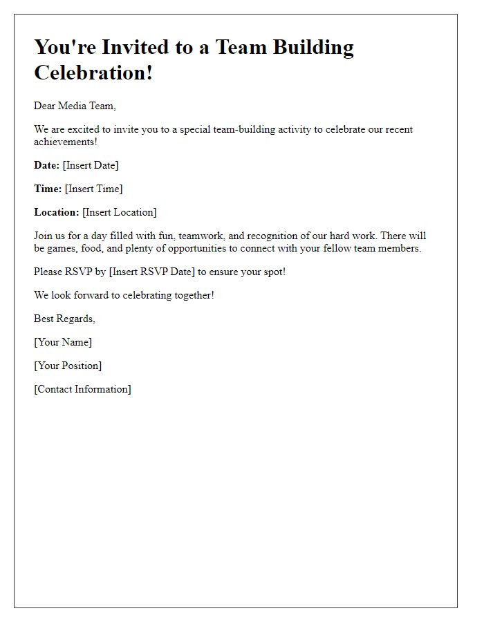 Letter template of media team-building activity invitation for celebrating achievements