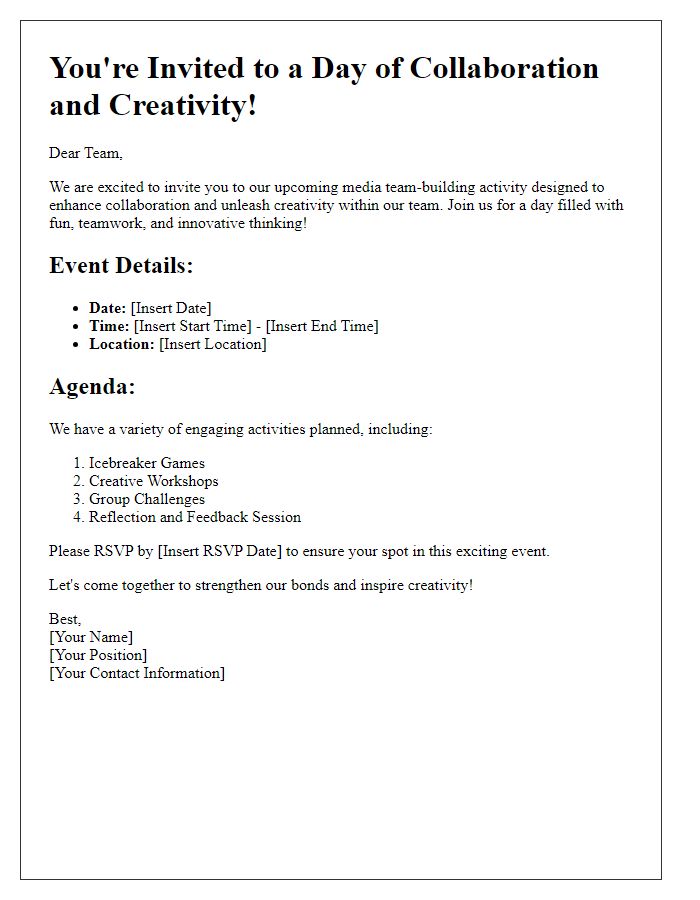 Letter template of media team-building activity invitation for collaboration and creativity