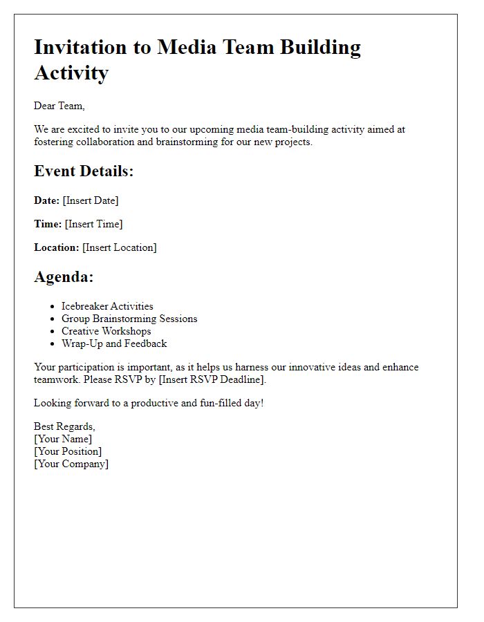 Letter template of media team-building activity invitation for project brainstorming