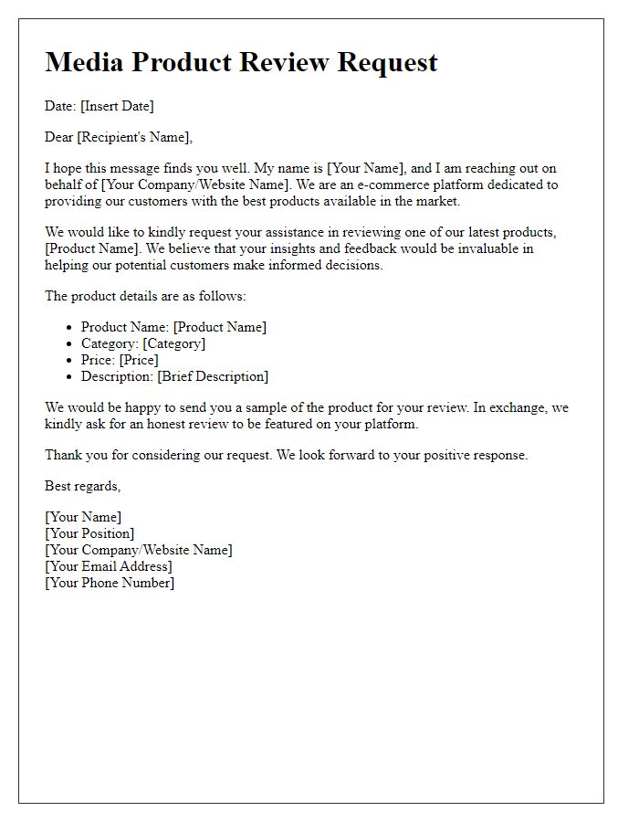 Letter template of media product review request for e-commerce sites.