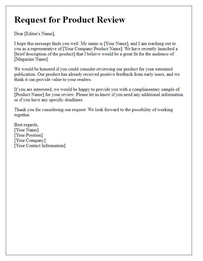 Letter template of media product review request for online magazines.