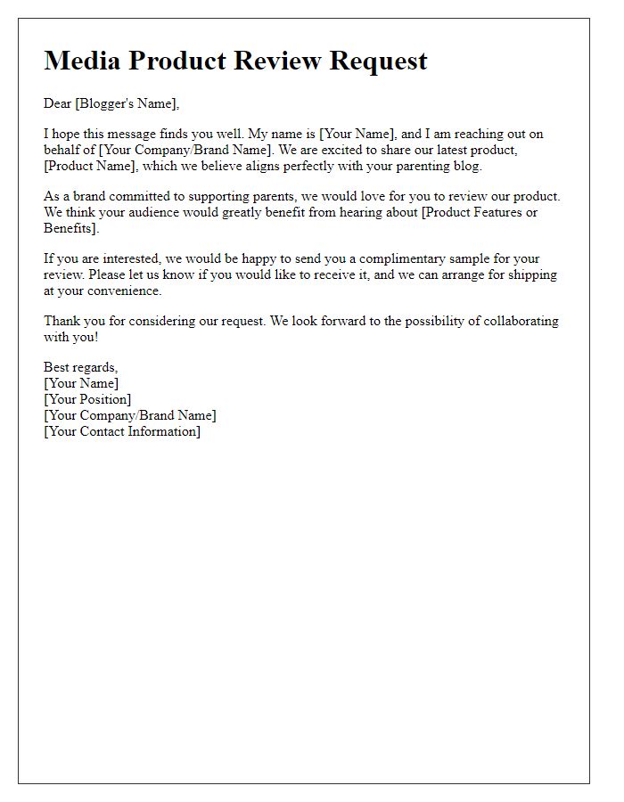 Letter template of media product review request for parenting blogs.