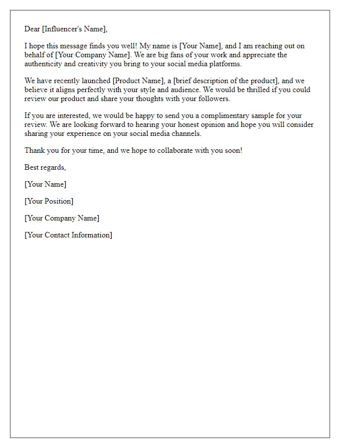 Letter template of media product review request for social media influencers.