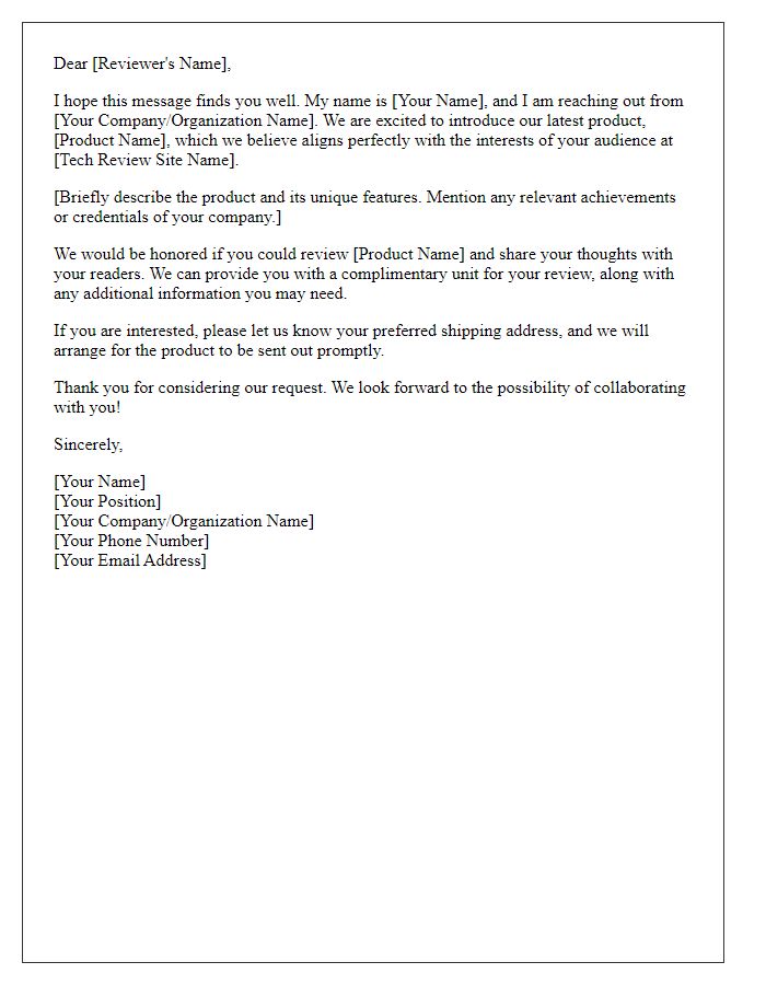 Letter template of media product review request for tech review sites.