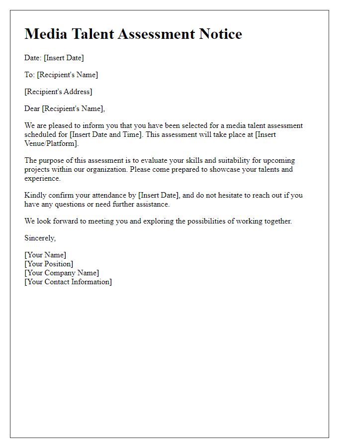 Letter template of media talent assessment notice