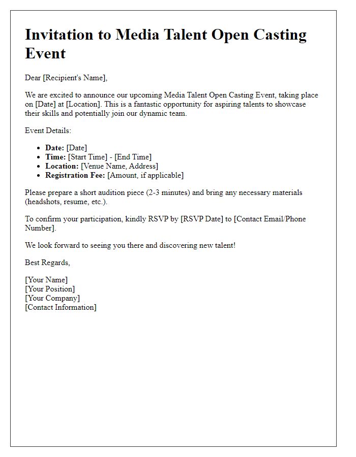 Letter template of media talent open casting event