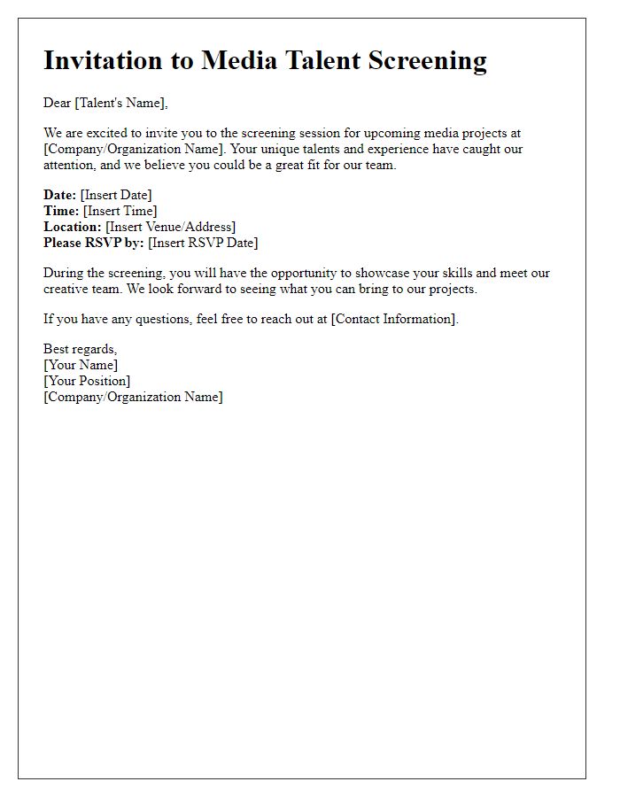 Letter template of media talent screening invite