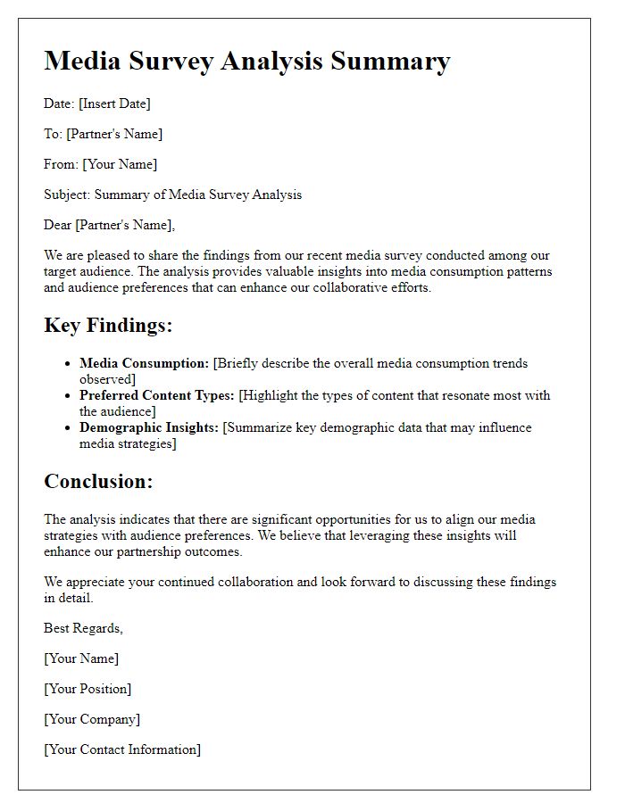 Letter template of media survey analysis summary for partners.