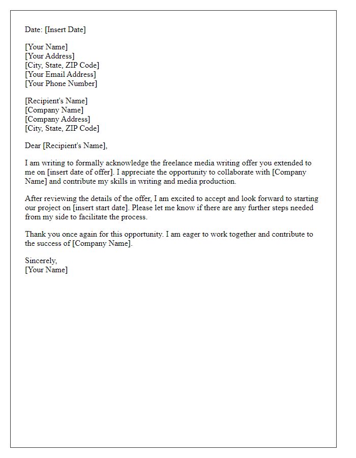 Letter template of acknowledgment for freelance media writing offer