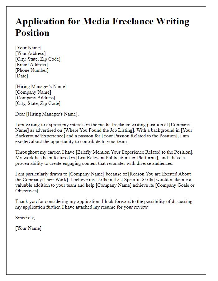 Letter template of application for media freelance writing position