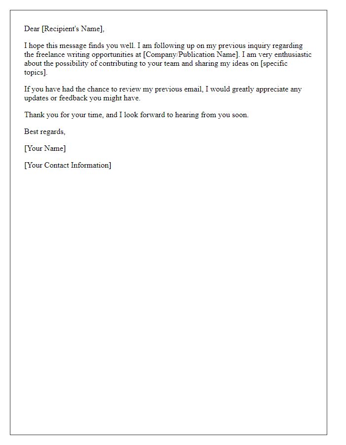 Letter template of follow-up for media freelance writing inquiry