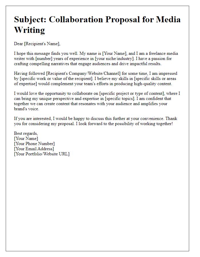 Letter template of pitch for freelance media writing collaboration