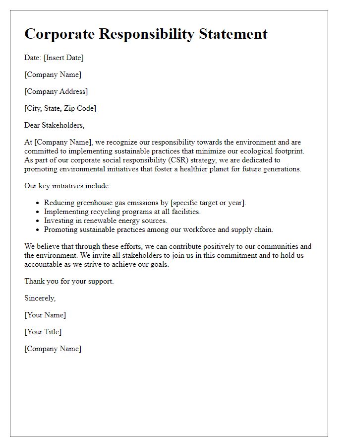 Letter template of corporate responsibility statement for environmental initiatives