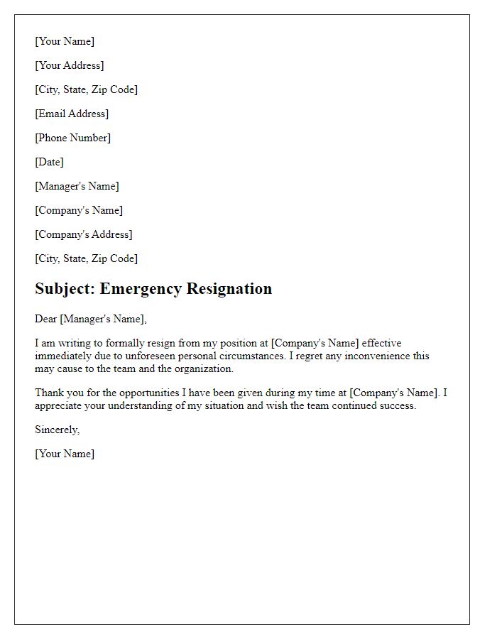 Letter template of emergency resignation without notice period