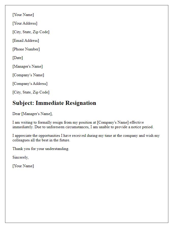 Letter template of immediate resignation without notice period