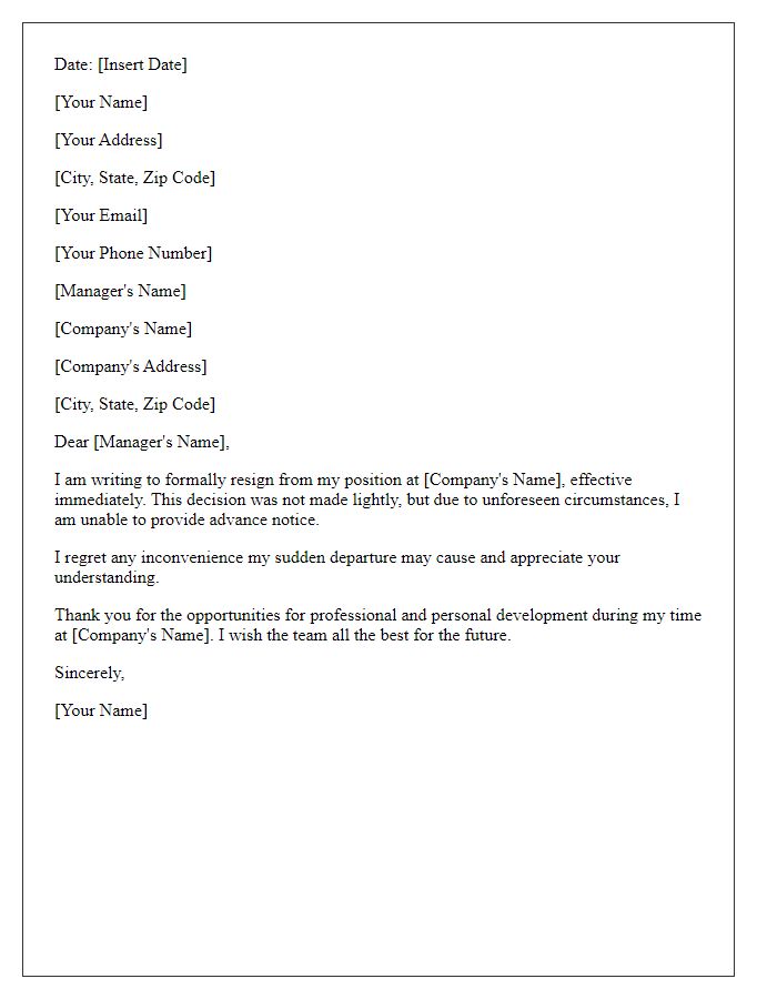 Letter template of instant resignation without advance notice