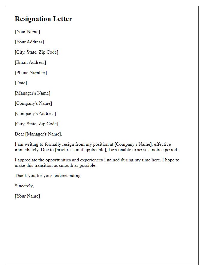 Letter template of resignation without serving notice