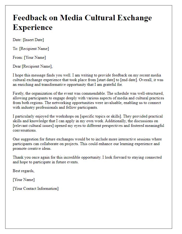 Letter template of feedback on media cultural exchange experience