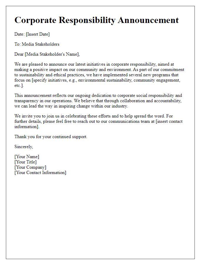 Letter template of corporate responsibility announcement for media stakeholders