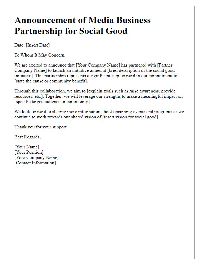 Letter template of media business partnership for social good announcement