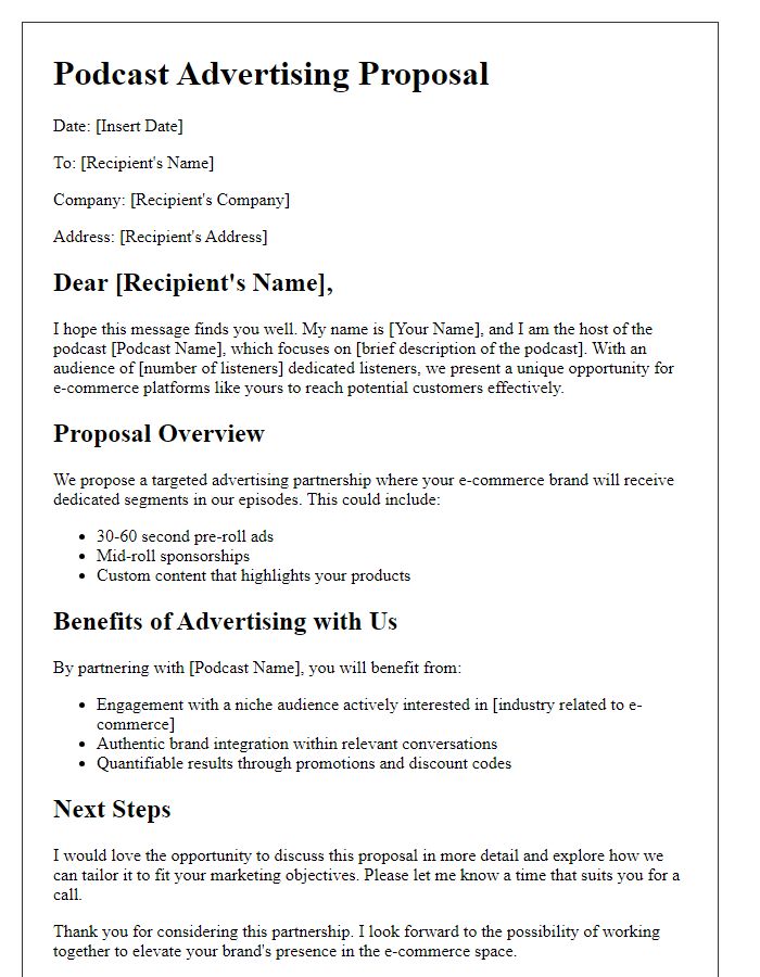 Letter template of podcast advertising proposal for e-commerce platforms.