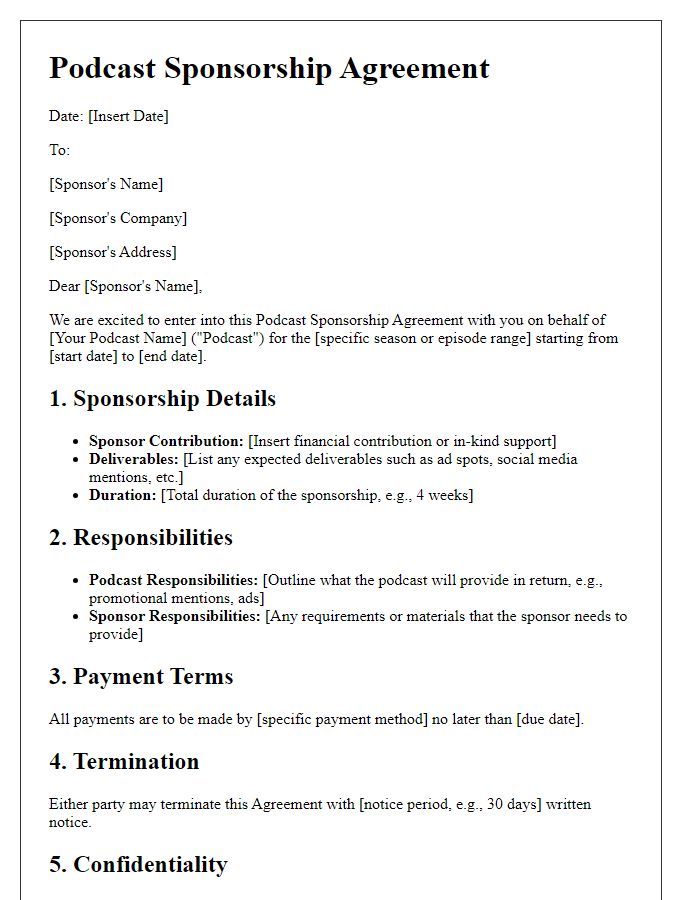 Letter template of podcast sponsorship agreement for creative agencies.