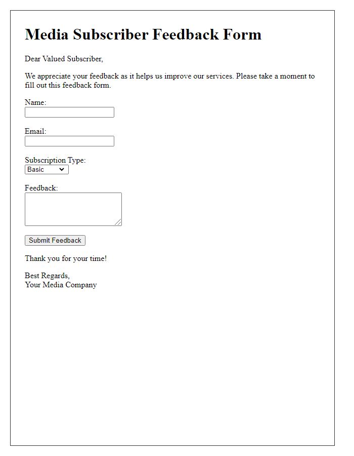 Letter template of Media Subscriber Feedback Form