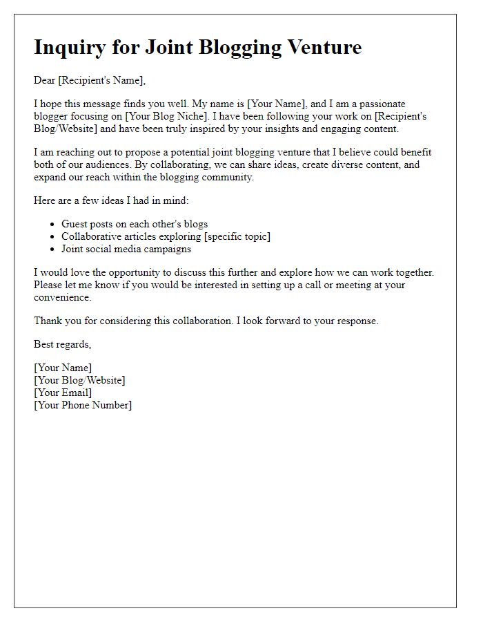 Letter template of inquiry for joint blogging venture.