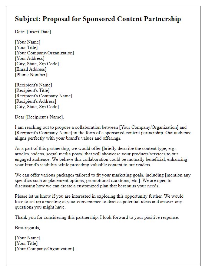 Letter template of offer for sponsored content partnership.