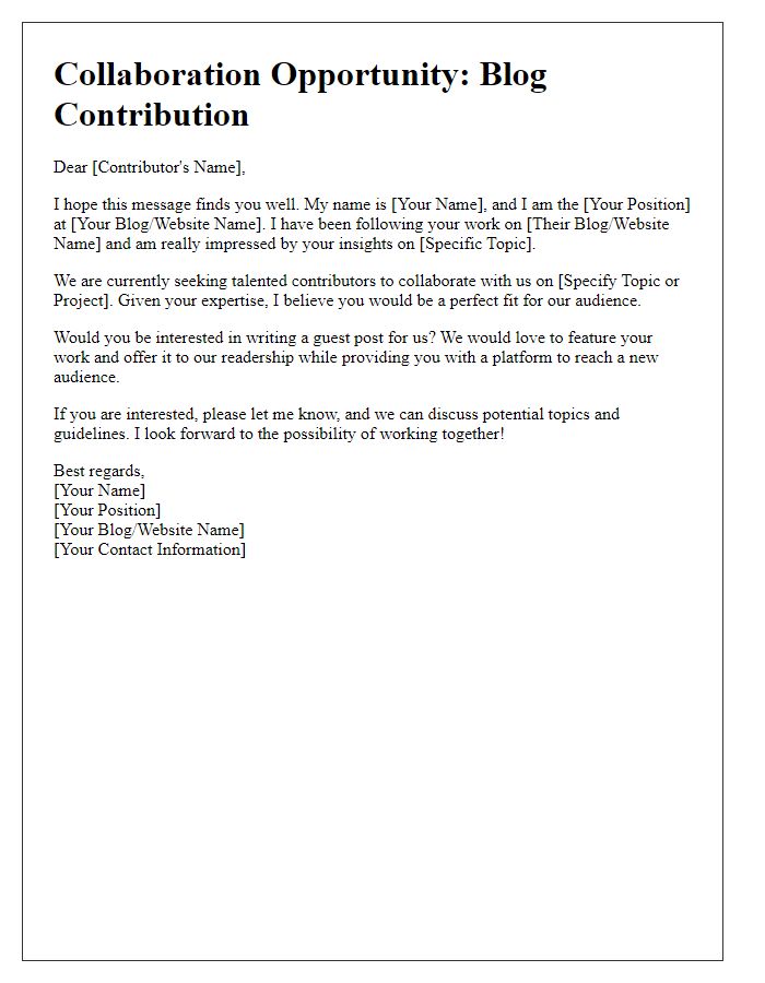 Letter template of outreach for blog contributor collaboration.