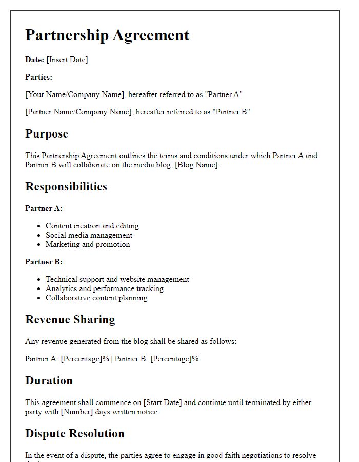 Letter template of partnership agreement for media blog.