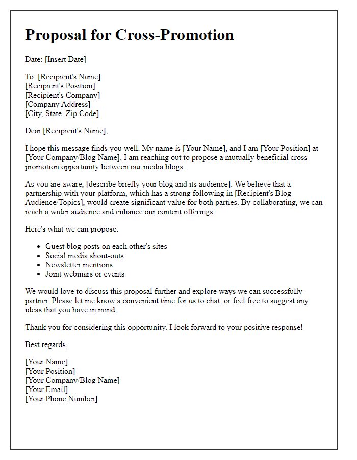 Letter template of proposal for cross-promotion in media blogs.