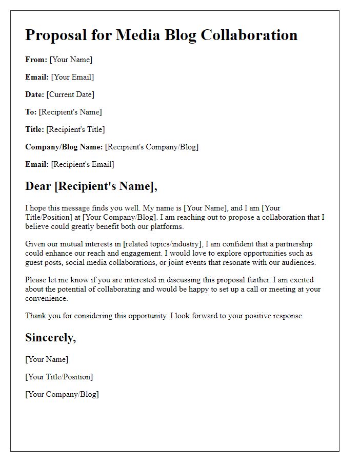 Letter template of proposal for media blog collaboration.