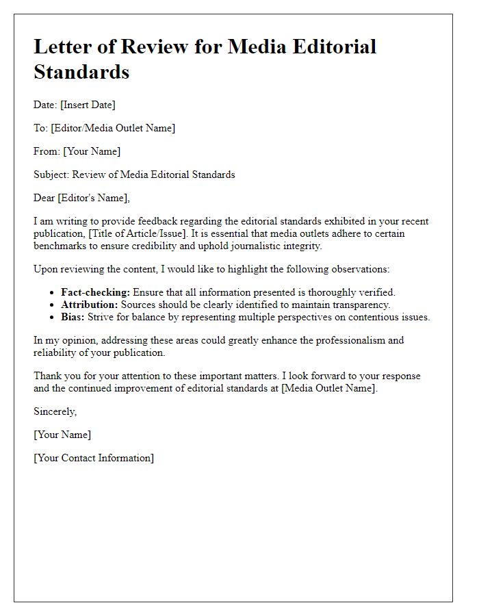 Letter template of review for media editorial standards