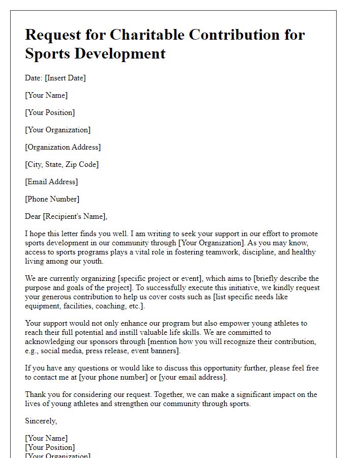 Letter template of charitable contribution request for sports development