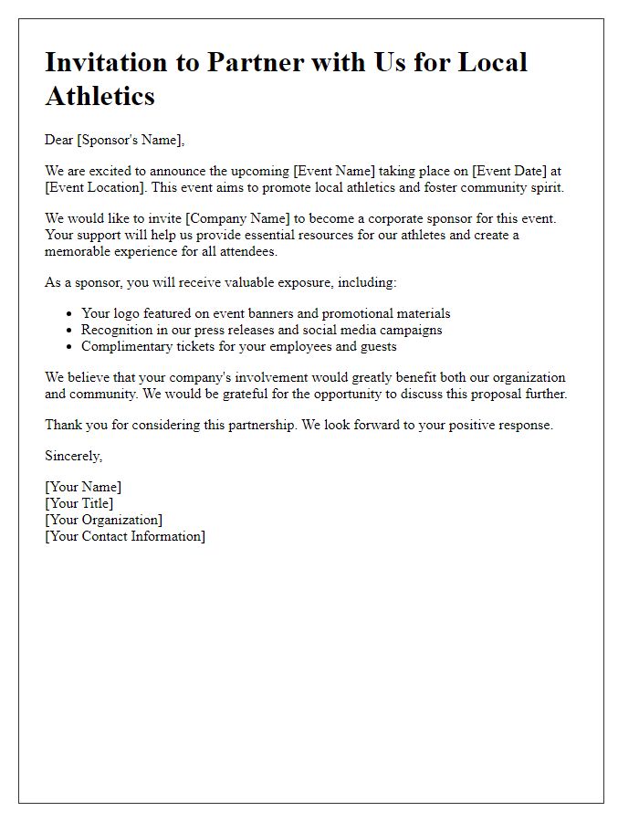 Letter template of corporate sponsorship invitation for local athletics