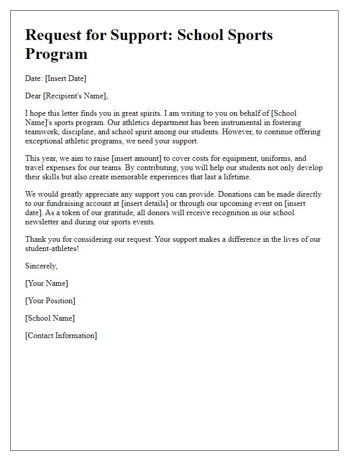 Letter template of fundraising request for school sports program