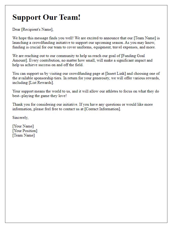 Letter template of sports team crowdfunding initiative