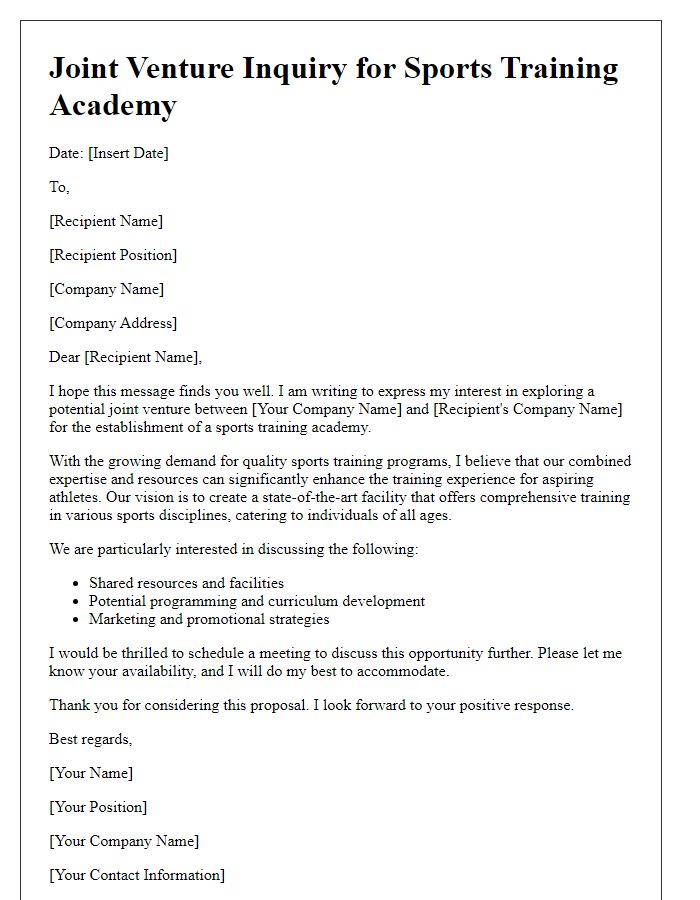 Letter template of joint venture inquiry for sports training academy