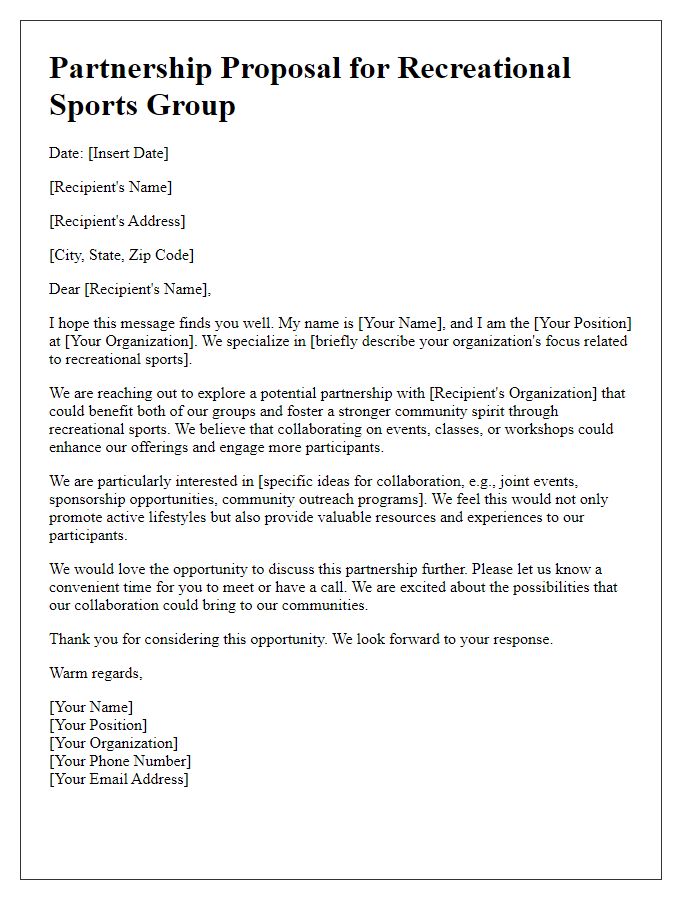 Letter template of partnership exploration for recreational sports group