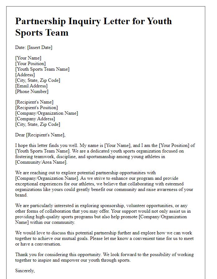 Letter template of partnership inquiry for youth sports team