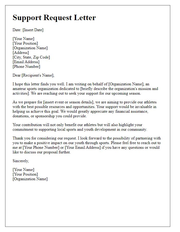 Letter template of support request for amateur sports organization