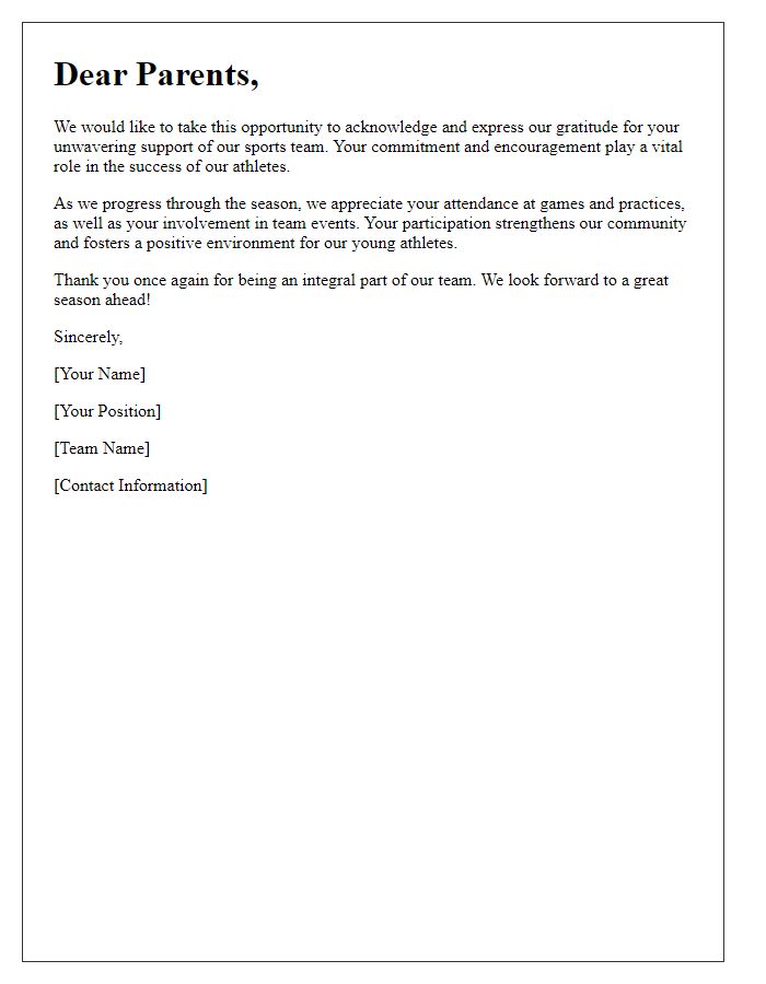 Letter template of acknowledgment to parents of sports team members.