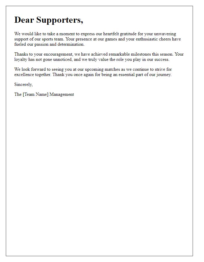 Letter template of appreciation for sports team supporters.