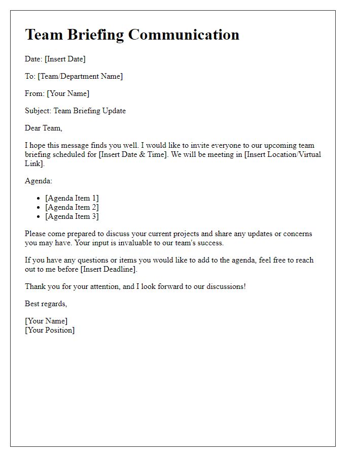 Letter template of Team Briefing Communication